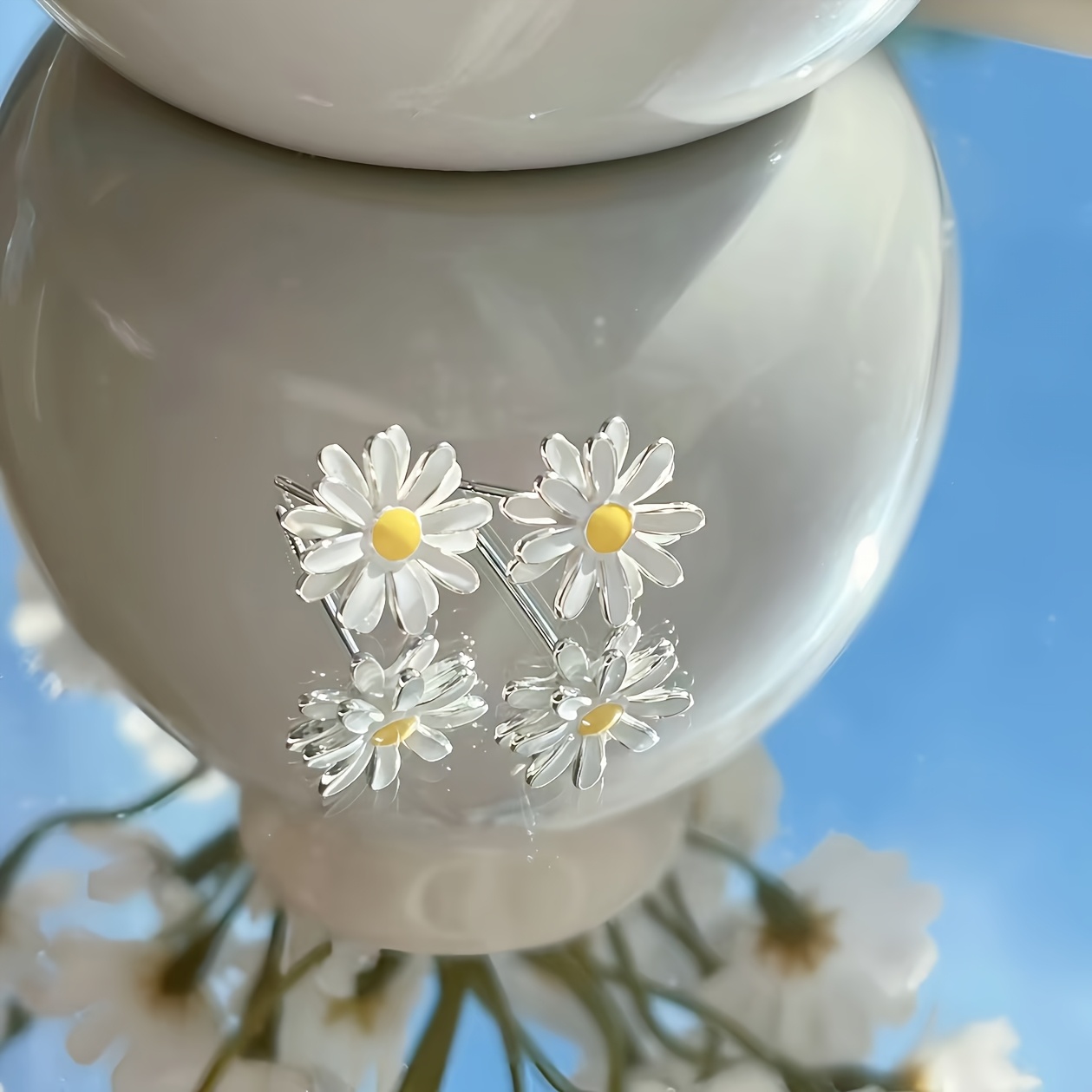 TEMU Aretes de Estilo Bosque con Margaritas para Mujer, Aretes de Lujo de , Baño de Plata en Cobre con Esmalte Hipoaergénico, Joyería Elegante y