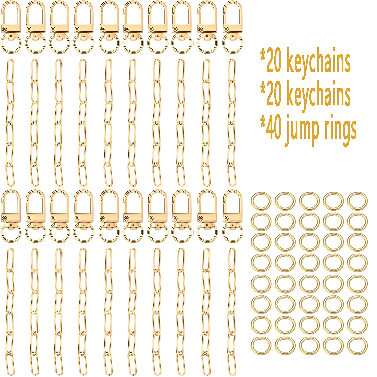 A Bulk Order Of 20 Keychain Making Kits, Featuring Metal Keychains With Keyrings, Rotating Spring Hooks, Clasps, And Extension Chains, Ideal For Crafts, Jewelry Bags, Additions, And Gifts