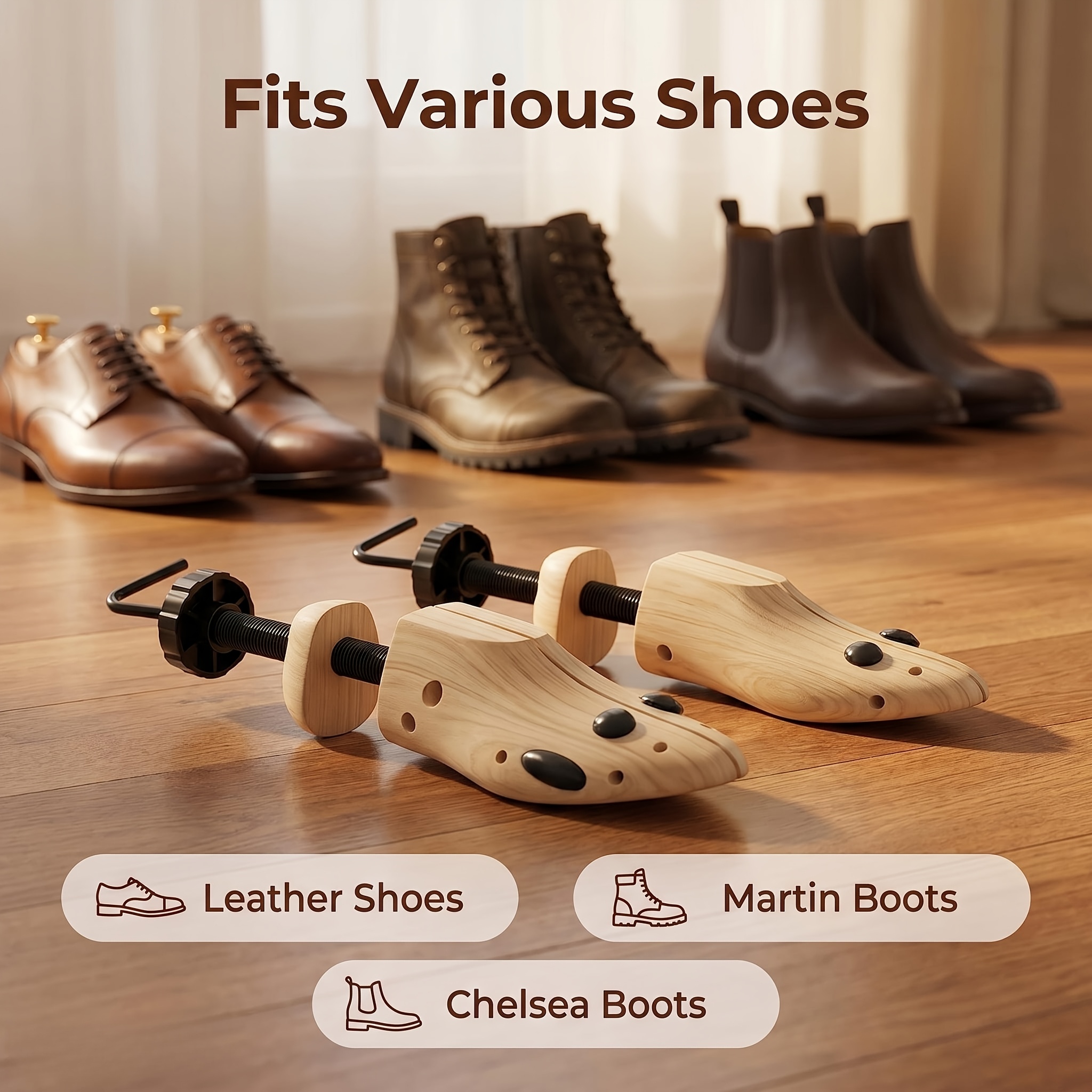 Juego de 2 piezas de ensanchadores de zapatos ajustables de madera natural - 1 ensanchador de zapatos de madera + 1 calzador | Estilo unisex | Adecuado para personas con zapatos nuevos que rozan, personas con pies anchos o gruesos, oficinistas que usan zapatos con frecuencia - Se adapta a la mayoría