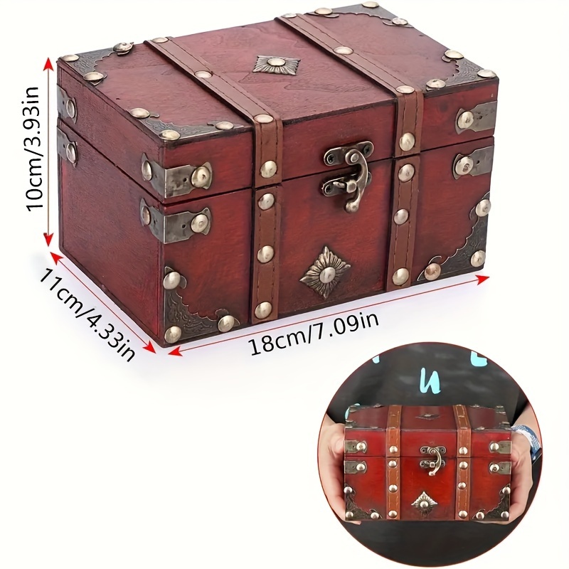TEMU Vintage Style Wooden Jewelry Chest - Distressed Finish Lockable Rectangular Tabletop Treasure Box For Necklaces And Art Supplies - 1pc Retro Pirate Keepsake Storage Case With Latch Closure