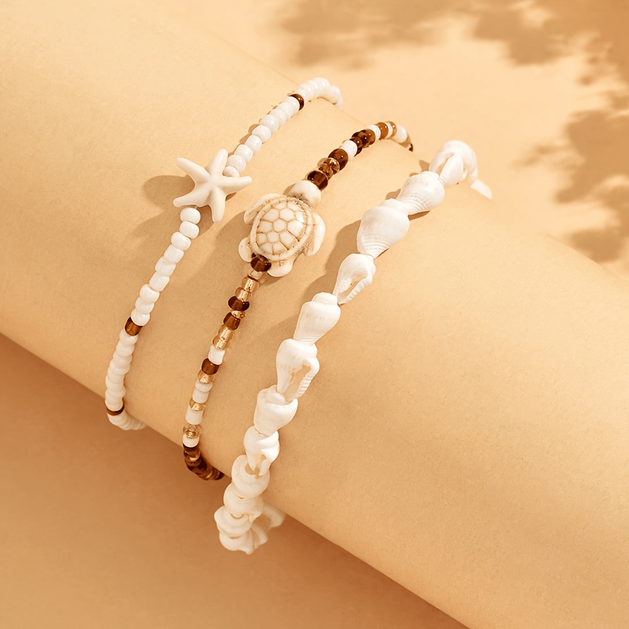 3pcs Creative Starfish & Sea Turtle Seed Bead Anklet Set for Women