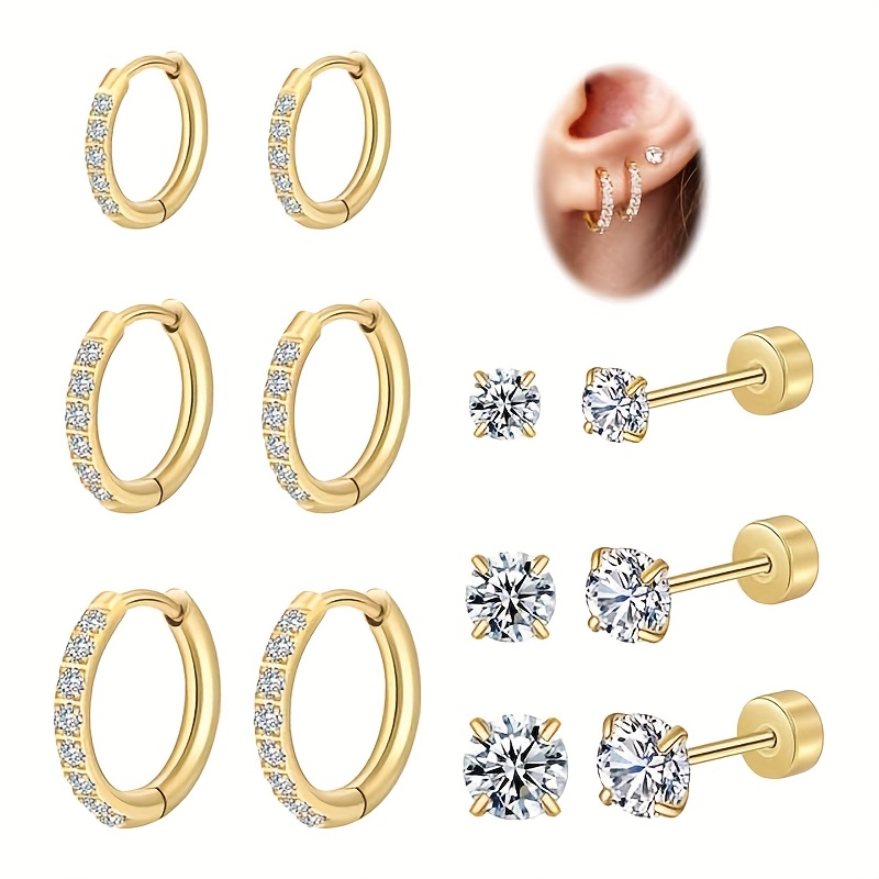 TEMU Ladies' Surgical Stainless Steel Earring Kit With Flat Back Cz Stud Earrings, Hypoallergenic, Lightweight, Waterproof, And Fade-resistant., For