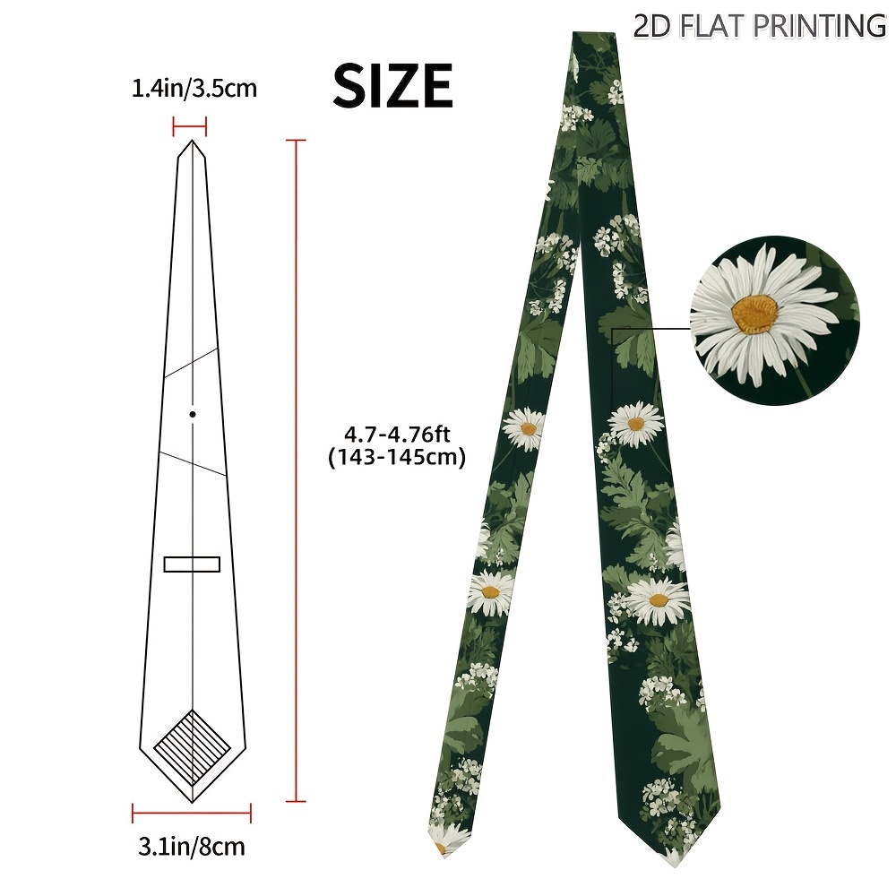 TEMU 1pc Floral Daisy Greenery Print Tie - Stylish And Comfortable, Ideal For Weddings, Business & Casual Wear