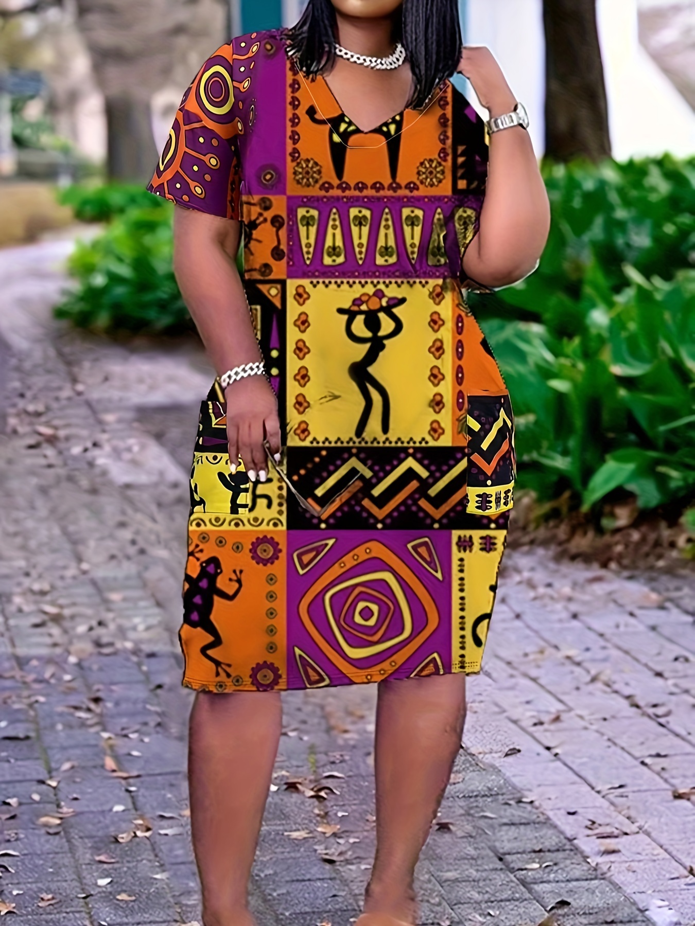 Plus Size V Neck Geometric Print Tunic Tee Dress