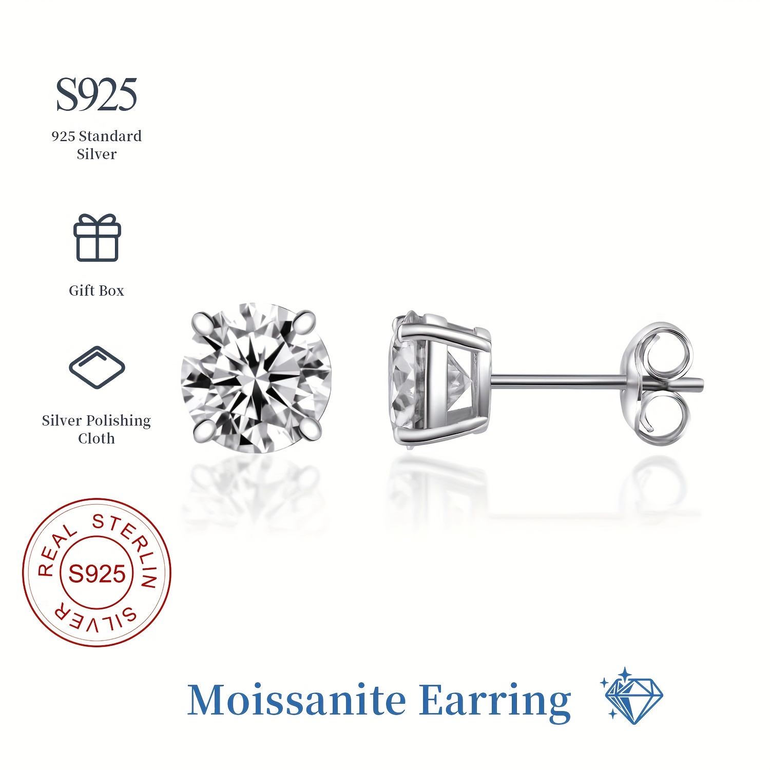 

Mdfun 925 Sterling Silver Moissanite Stud Earring, Diamond Stud Earrings 4 3/4/5/6/6.5/7 Round Moissanite Diamond Stud Earring For Women And Men