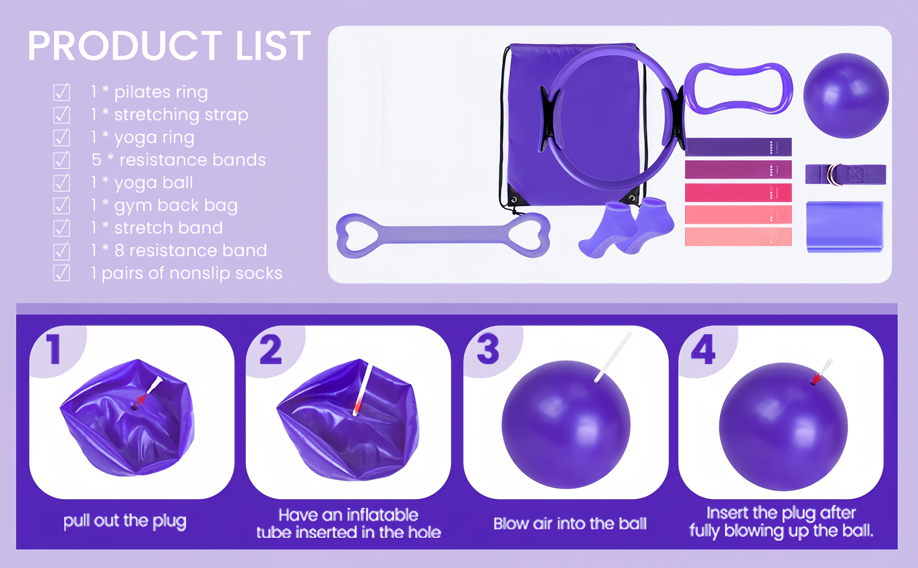 Set of 13 Purple Pilates And Yoga Tools | Professional Training Package | Enhances Core Strength And Flexibility | Home Workout Gear, Yoga Kits for Women, Pilates Equipment for Home Use.
