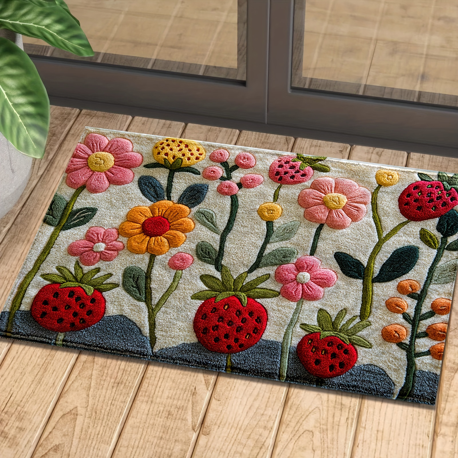 

1pc Strawberry & Floral 3d Pattern Non-slip Bath Mat - Imitation Cashmere, Absorbent & Stain Resistant, Bedroom, Bathroom, Kitchen, And Entryway - Machine Washable Home Decor