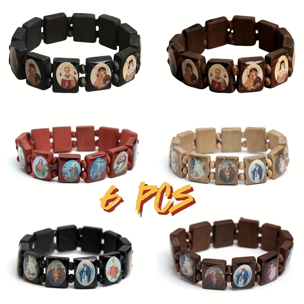 Image of Set Of 6 Wooden Bracelets Featuring Christian Saint Symbols, Perfect Religious Additions For Men And Women, Great For Christmas And Halloween Gifts, Without Battery