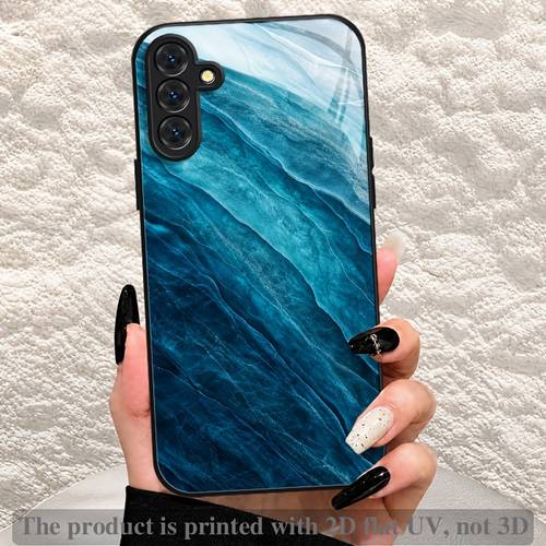 item picture phone case 2d flat tempered glass phone case for samsung for galaxy a04 a04s a05 a05s a06 a07 a13 a14 a15 a16 a17 a22 a23 a24 a25 a26 a32 a33 a34 a35 a37 a52 a53 a54 a55 5g a56 a57 s21 s22 s23 s24 fe s25 edge s26 blue wave pattern