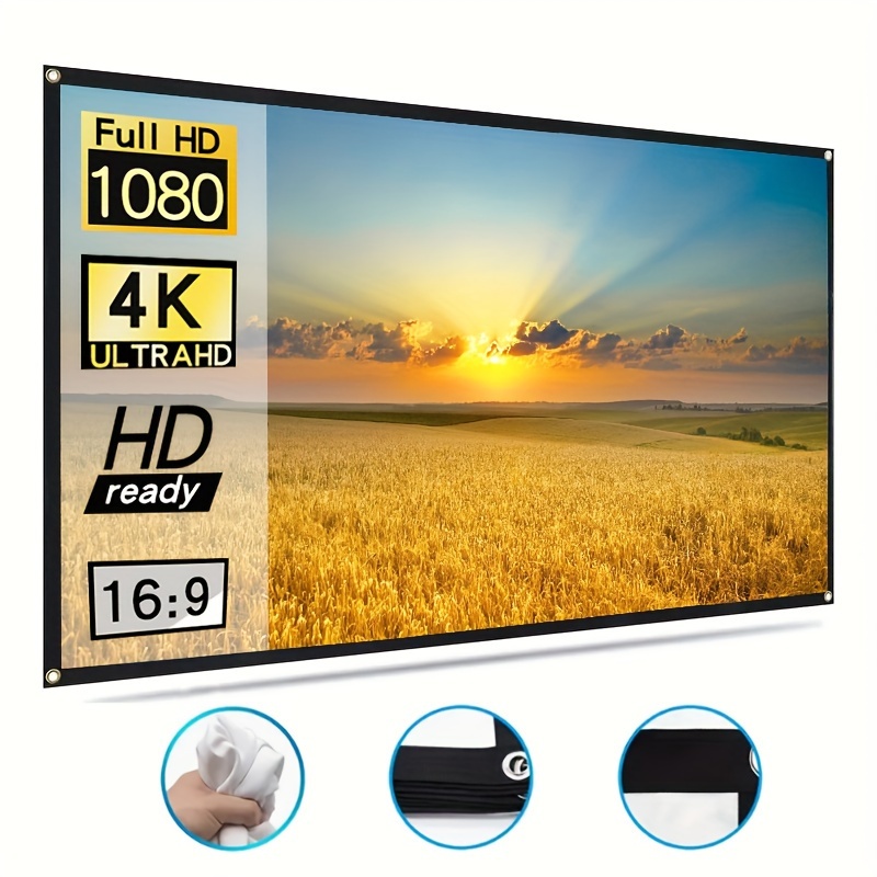 

Projection Screen of 60/72/84/100/120/150 inches, 16:9 format, 4K high definition, foldable and wrinkle resistant, suitable for outdoor, indoor, home theater, camping and entertainment.