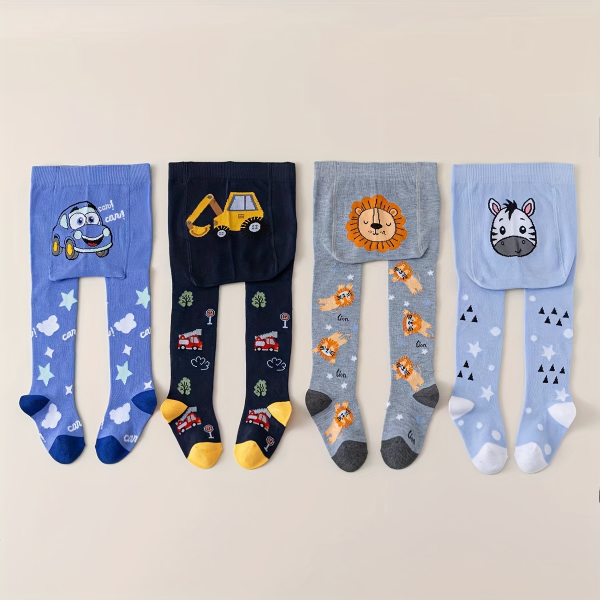 [soft Leggings] 4- Stretchy Cartoon Animal And Cars Print Leggings | Blue, Grey & Black With , Cars, Excavator, Fall/winter Outfits, Pants, Apparel, Comfortable Babywear, Winter Tights For Boys
