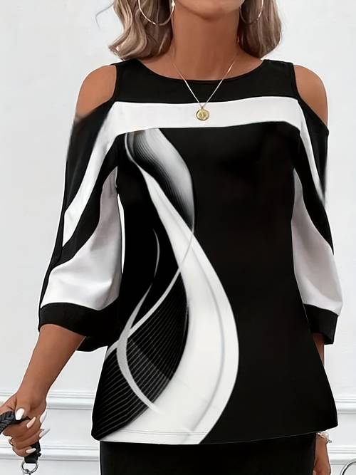 plus size - trendiges off-shoulder top mit geometrischem -print und dreiviertelärmeln in großen größen