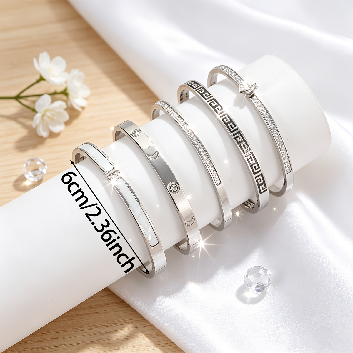 Stainless Steel Open Bangle Bracelet, Elegant White Element Design