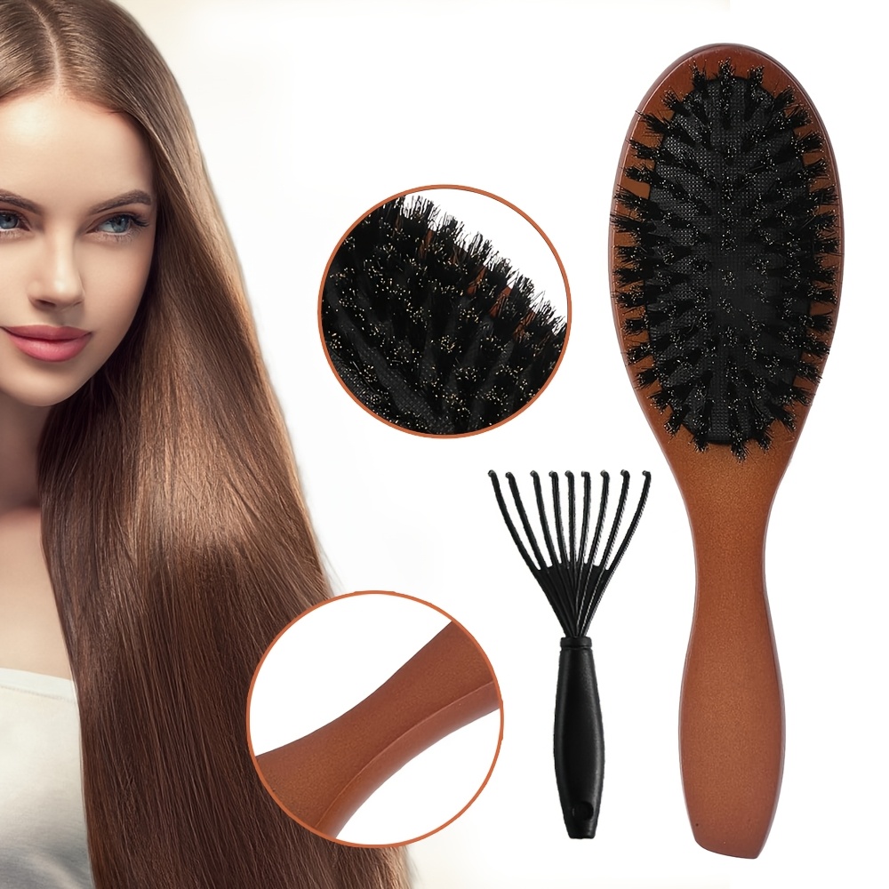 Image of Bristle Hair Brush, Wooden Handle - Salon And Home Use - Durable Hair Brush For Hair Care, Maintenance Tool - Includes Bristles Hair Brush With 1 Cleaning Brush - Hair Care Styling