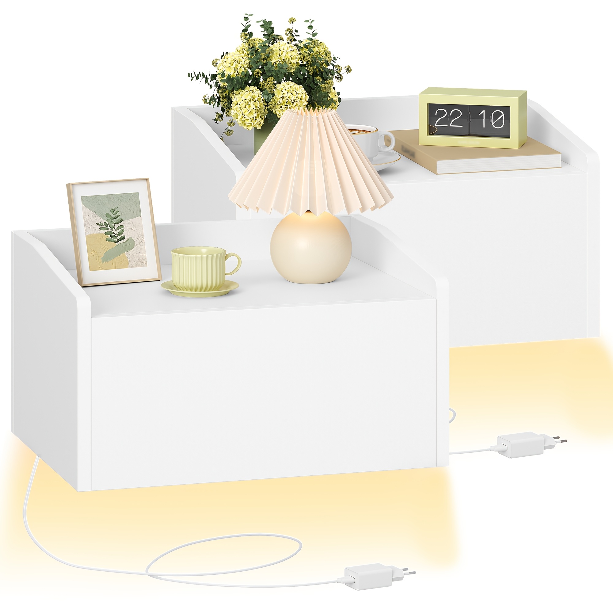 TEMU Tavolino da Sospeso, Set , Tavolino Galleggiante con Illuminazione LED, a Parete con 1 , Moderno, per Camera da Letto, Soggiorno, 30 x 40 x 22,5