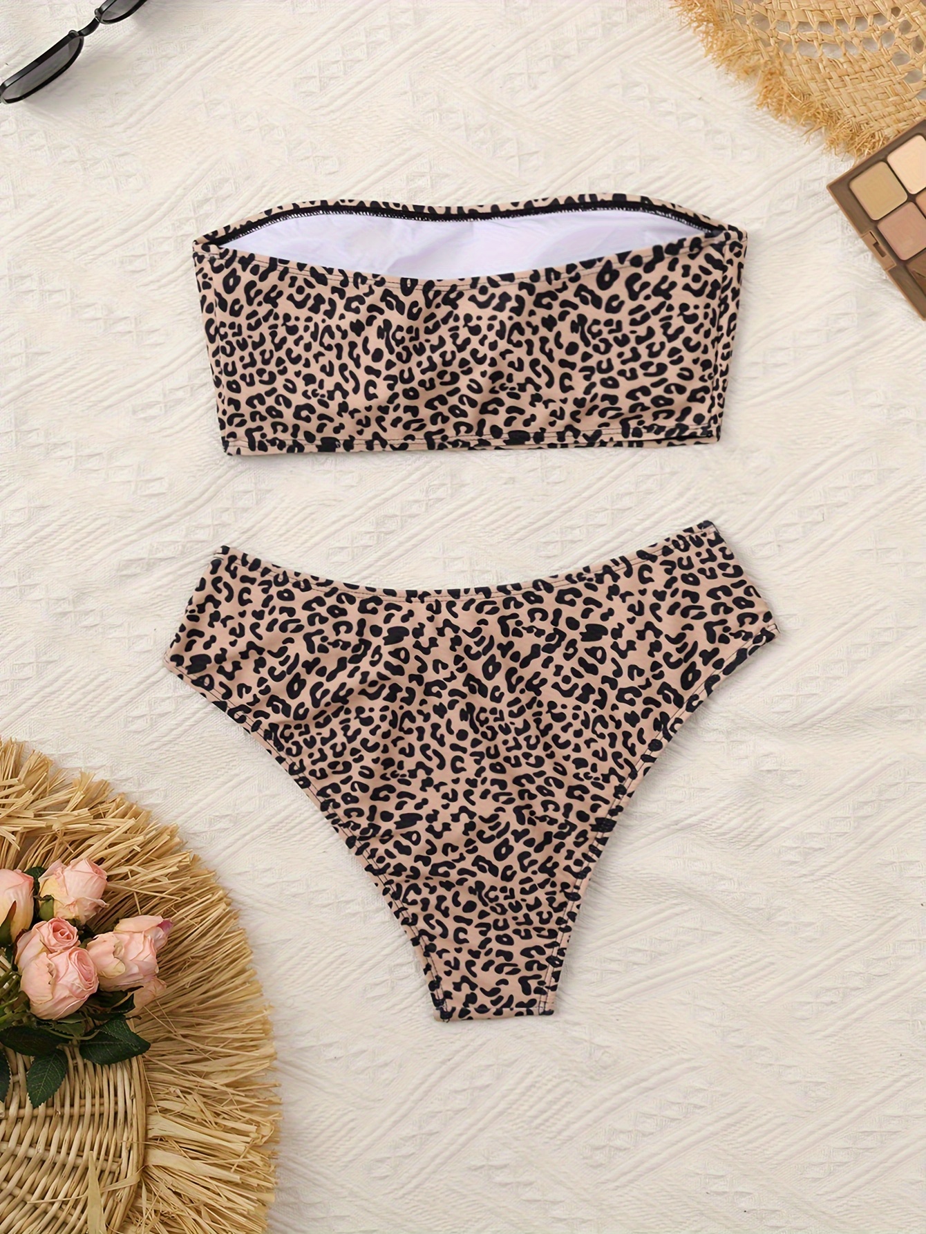 Leopard Print Bandeau Strapless Chic Sexy Style 2 Piece Set Bikini Swimsuits, Women's Swimwear & Clothing