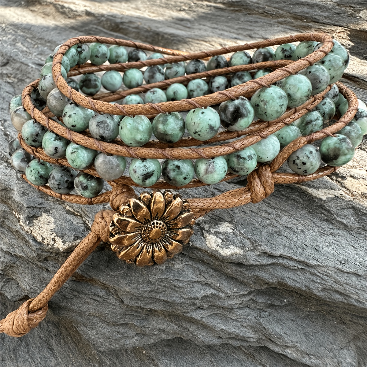 TEMU Lineargems Handmade Boho African Turquoise & Amazonite Wrap Bracelet With Mapstone & Stones, Sunflower Clasp - Stone Jewelry Suitable For ,