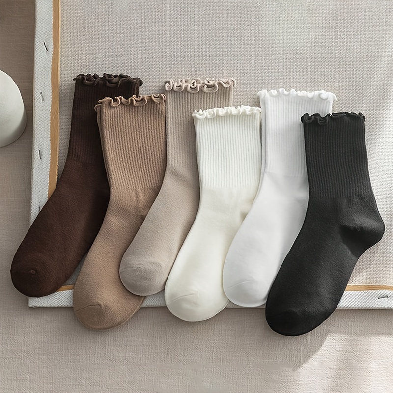 6 Pairs Kids Solid Color Socks, Wave Shaped Sock Mouth, Soft And Comfortable Mid-calf Socks