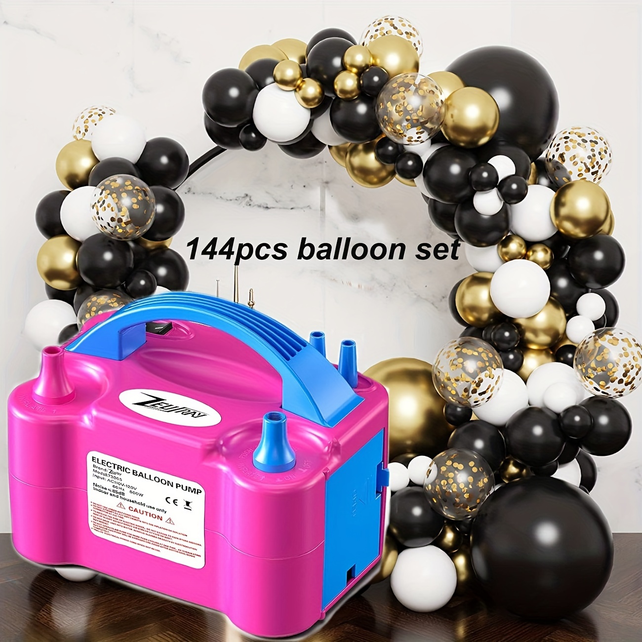 

144pcs Balloon Set With 1pc Portable Balloon Pump Electric, Balloon Inflator Blower Dual Nozzle Air Pump For Latex Balloons With Balloon Arch Making Tool Kit For Party Balloon