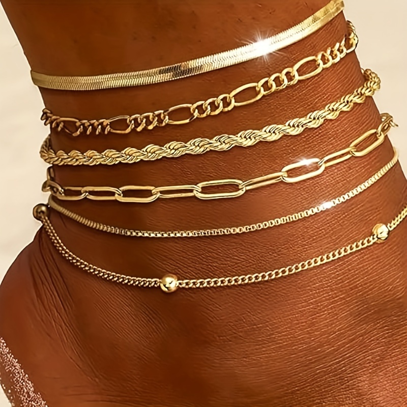 

6pcs Waterproof Gold Ankle Bracelet For Women Plated Anklet Layered Cuban Chain Herringbone Cute Anklet Set Summer Beach Jewelry Gift For Women Teen Girls