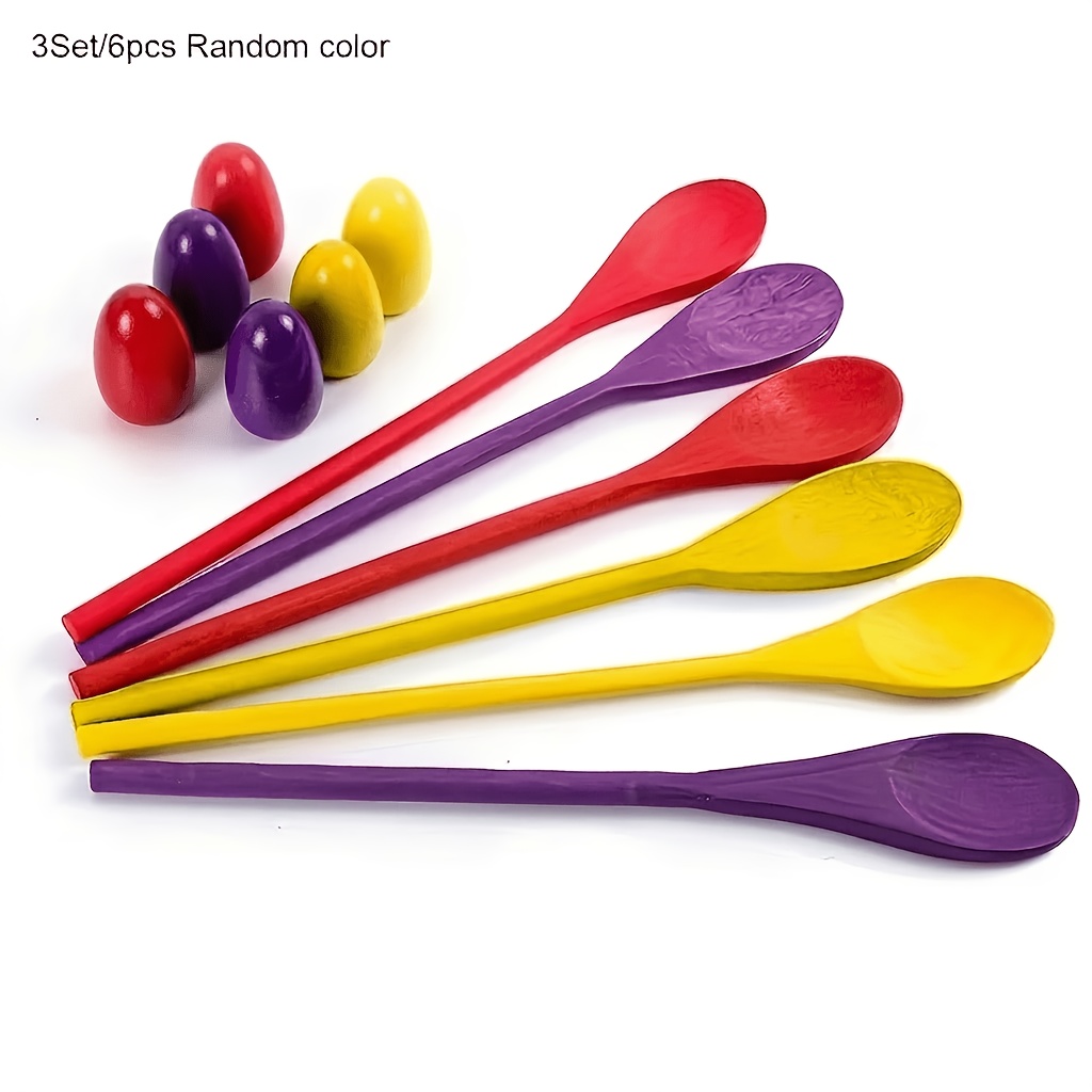 3 Sets/6pcs Wood Egg Spoon Race Game Set With Multicolor Eggs - Outdoor Lawn Games Suitable For, Hunt Races - Wood Spoons & Eggs