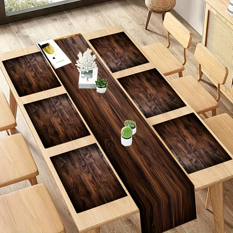 TEMU 7pcs Wood Grain Print Table Runner + Placemats Set, Dark Wood Board Pattern Print Table Runner Placemats Set, Includes 6 Placemats And Runner,
