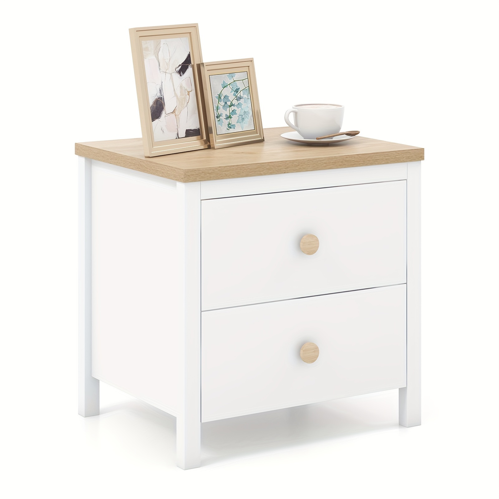 

1pc Nightstand With 2 Drawers, Farmhouse End Table With Solid Wood Legs, Compact Wooden Accent Coffee Table, Home Bedside Table, Multifunctional Sofa Side Table For Living Room, Bedroom, White