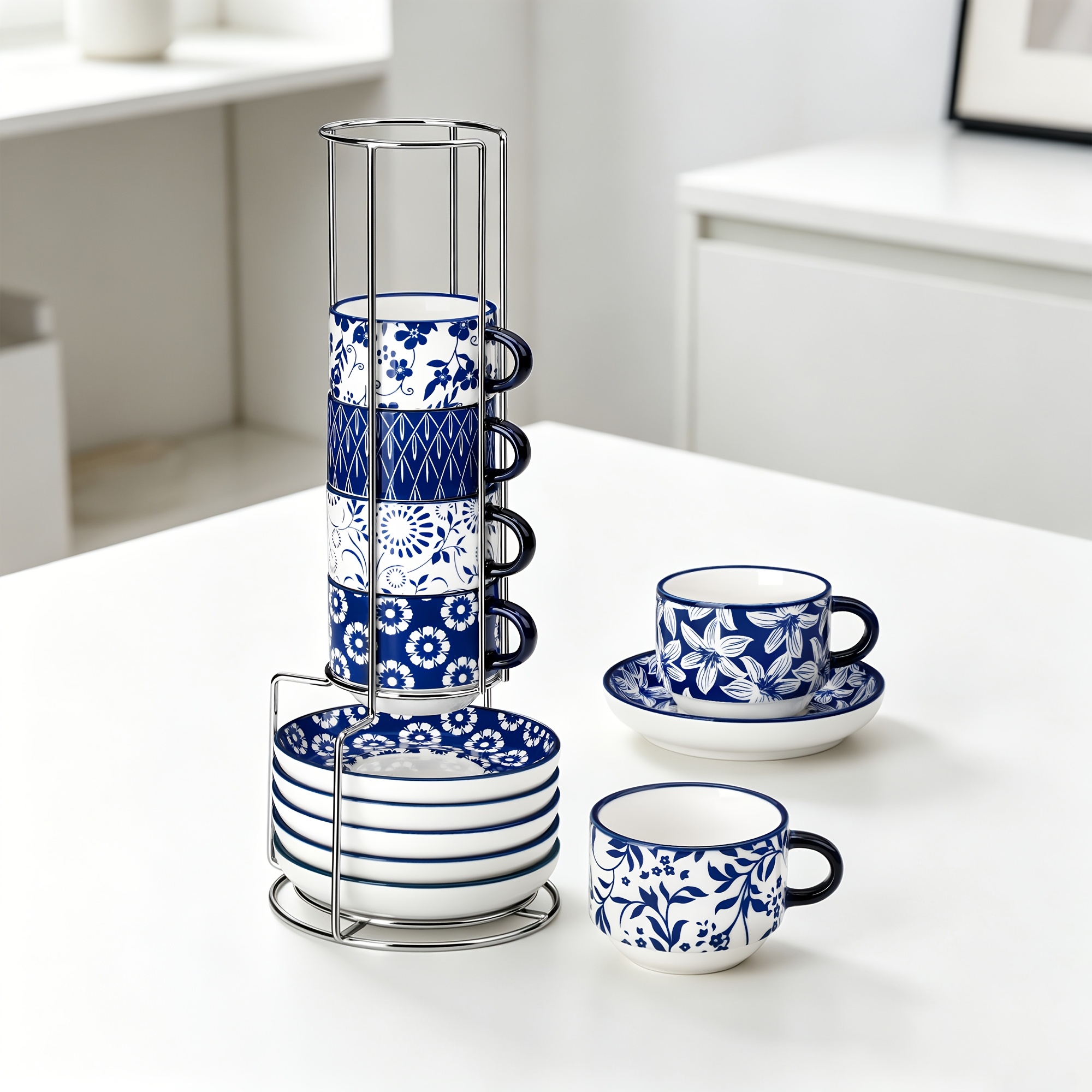 Blue And White Porcelain Coffee Cup Sets, Coffee Mug, Coffee Mugs Set Of 6, Stackable Coffee Mugs With Rack And Saucer - 5oz/150ml Cup Set With Stand, Ceramic Mugs For Home & Kitchen