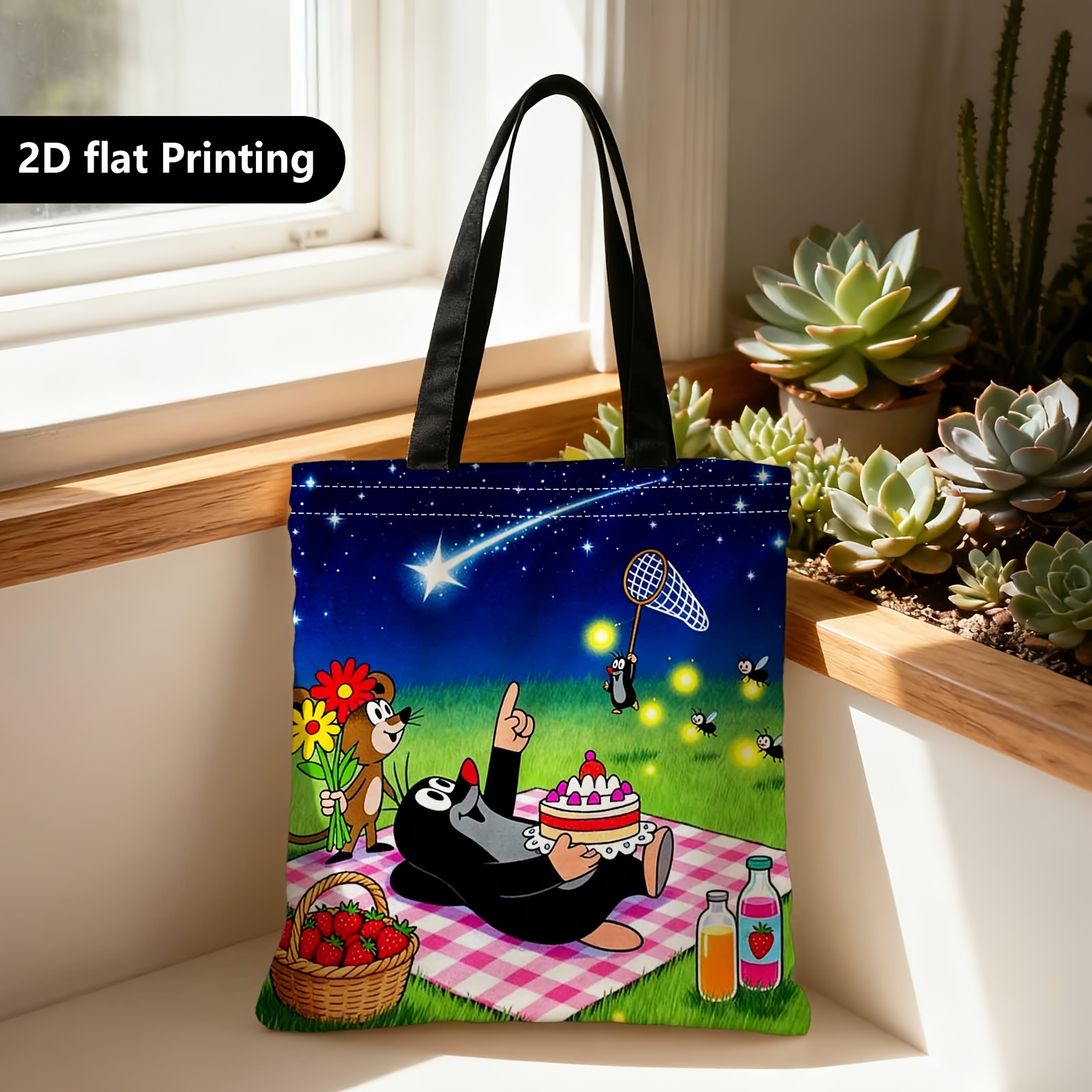 E-shop Einkaufstasche, tragbare Shopper-Tragetasche zum Über-die-Schulter-, Umhängen-, Tragen- Halten, bedruckt mit 2D-motiv auf beiden Seiten: , ,