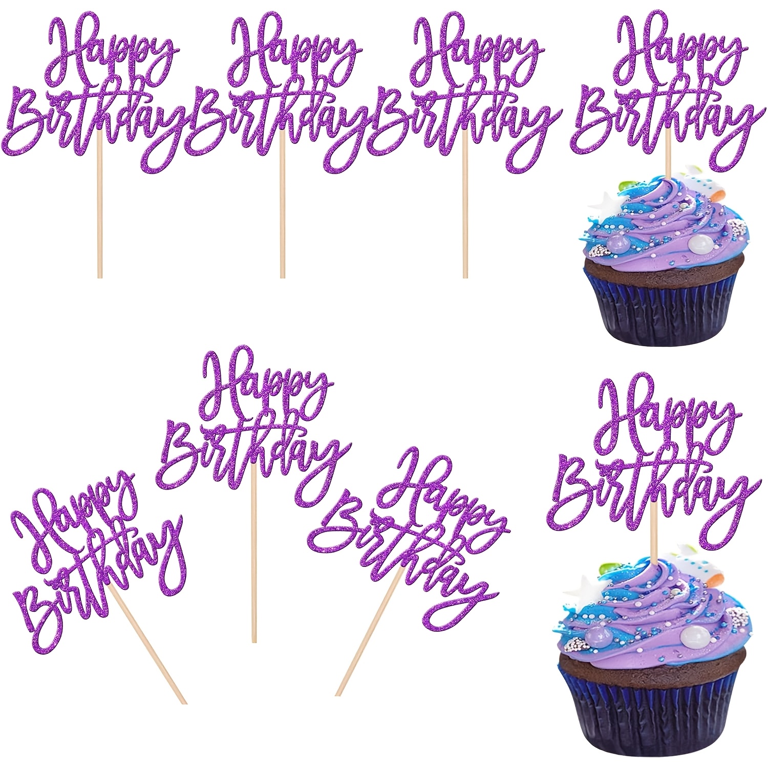 Image of 24pcs Glitter Happy Birthday Cupcake Toppers - Purple Cupcake Picks For Celebrating Anniversary Theme Party Cake Decorations, Halloween, Christmas