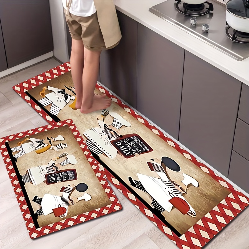 

Chef-themed Polyester Kitchen Rugs - Anti-slip, Waterproof & Stain Resistant Floor Mats | Machine Washable | Ideal For Living Room, Laundry, And Bathroom | Functional Decor To Protect Floors