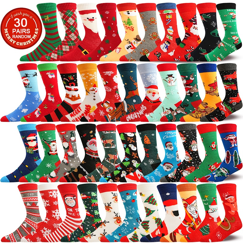 Image of 30 Pairs Random Men Women Christmas Theme Socks Set - Soft Comfortable Warm Sweat-absorbing, With Snowflake Christmas Tree Gingerbread Man Patterns - Gift For , Sweat-resistant