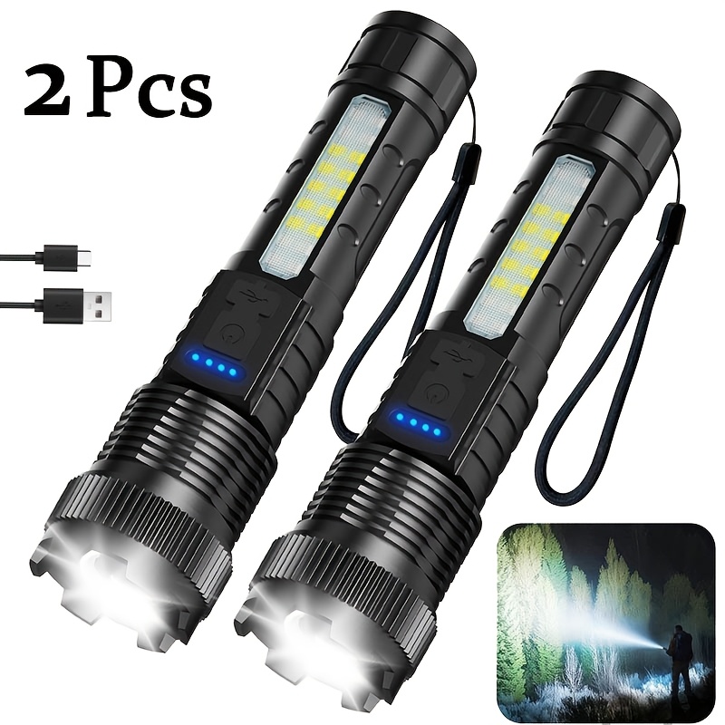 

2-pack Rechargeable Led Flashlights, 3000 High Power Usb Handheld With Telescopic , 6 , 200m Beam, 1200mah Battery, Non-waterproof, Abs Material For Camping, Hiking, Fishing, Emergency