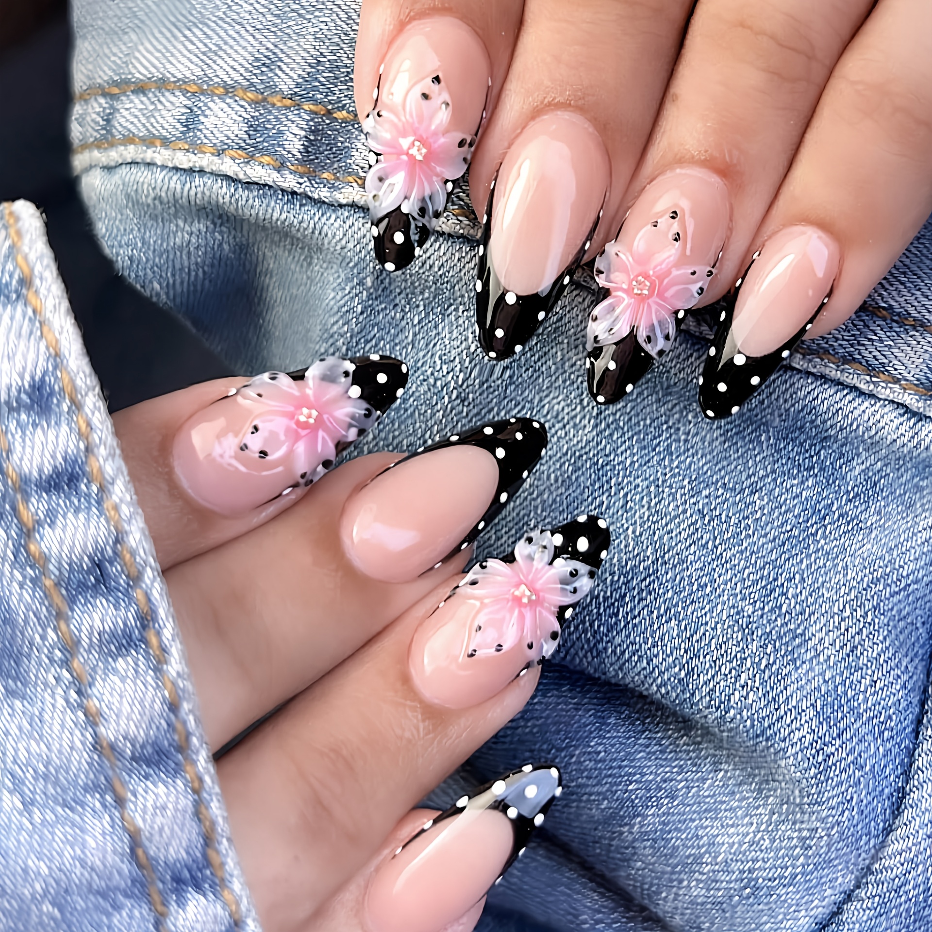 TEMU 10pcs Danartlux Almond Press On Nails Suitable For Women & - Medium Length Reusable Glossy Full Cover Fake Nails With Blush Gradient Flower &