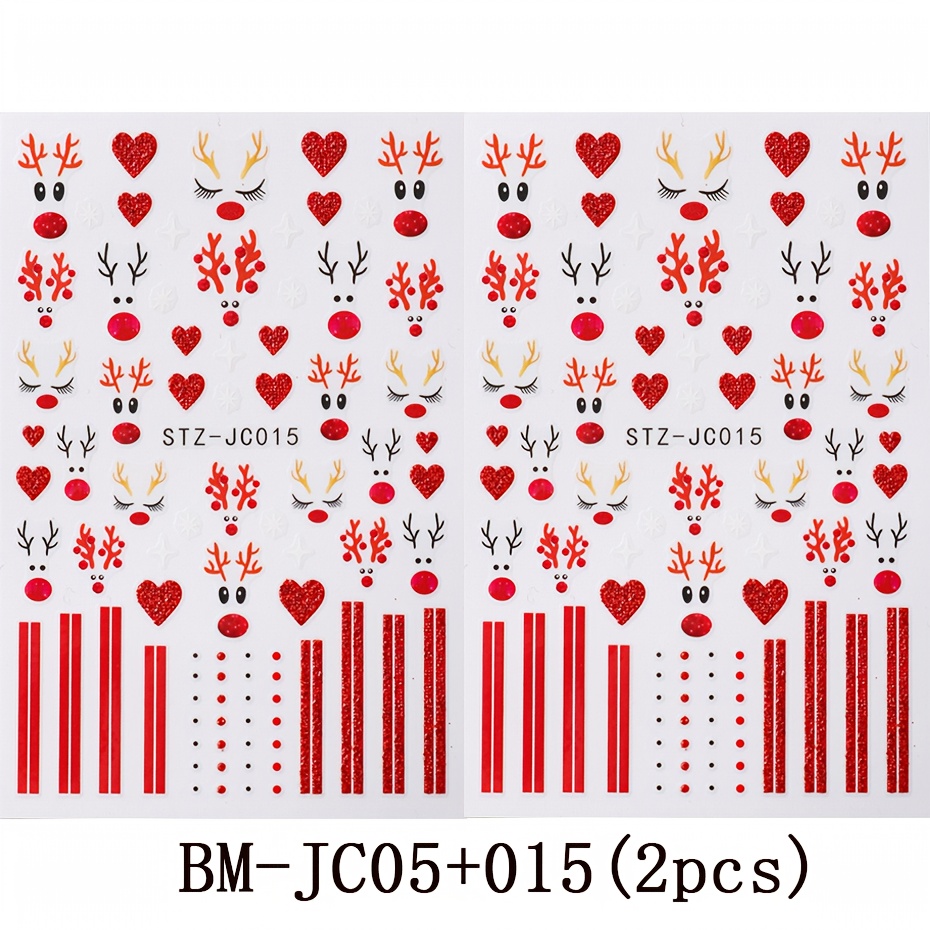 Image of 2pcs Christmas Nail Stickers Self-adhesive Glitter Nail Art With Reindeer, Hearts & Snowflakes - Glossy Resin Single-use Temporary Nails For Parties, Diy Manicure (sparkling )