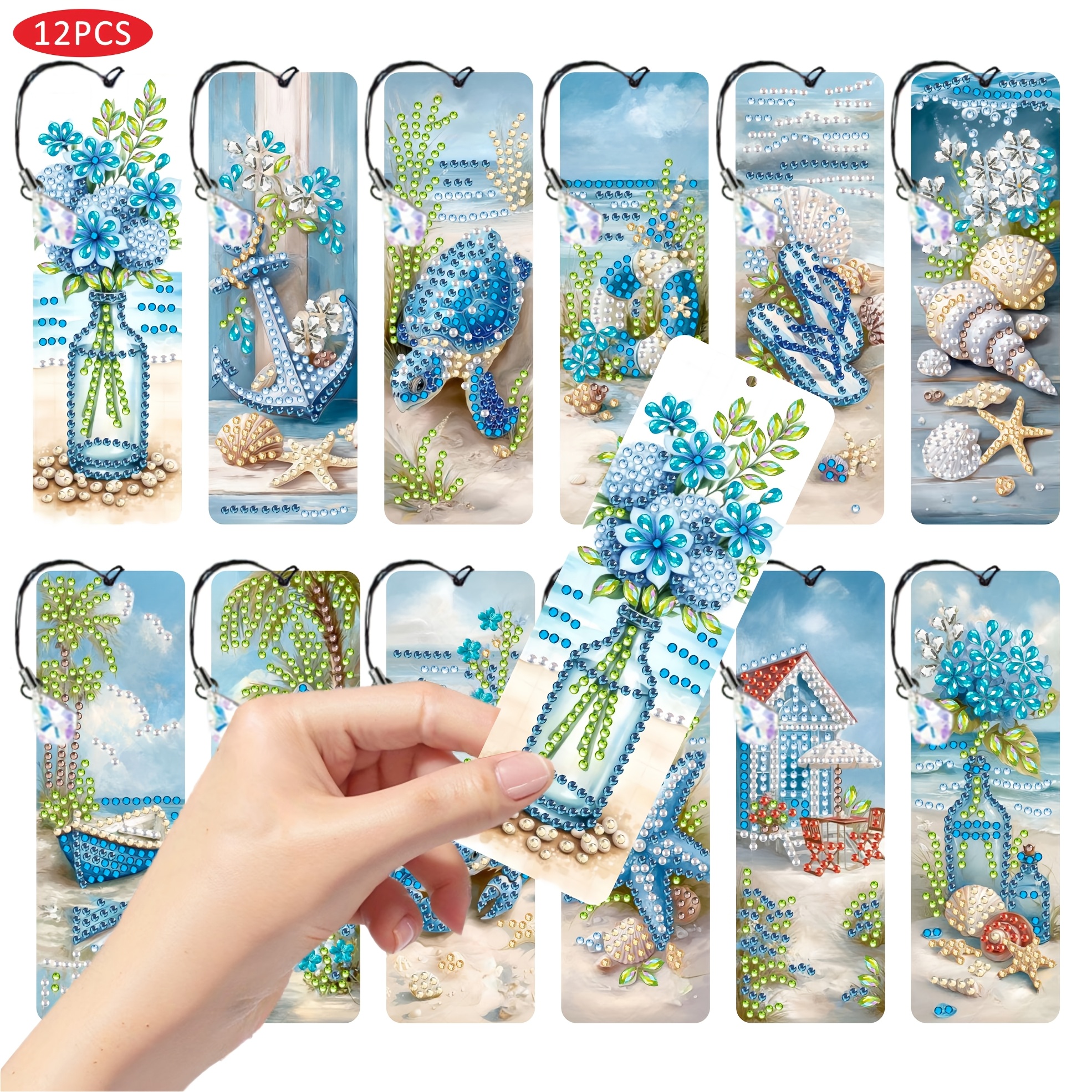TEMU 12pcs Set Of Ocean-themed Diamond Painting Bookmarks, Uniquely Designed Decoration Bookmarks, Equipped With Hanging Ropes And Crystal Pendants,