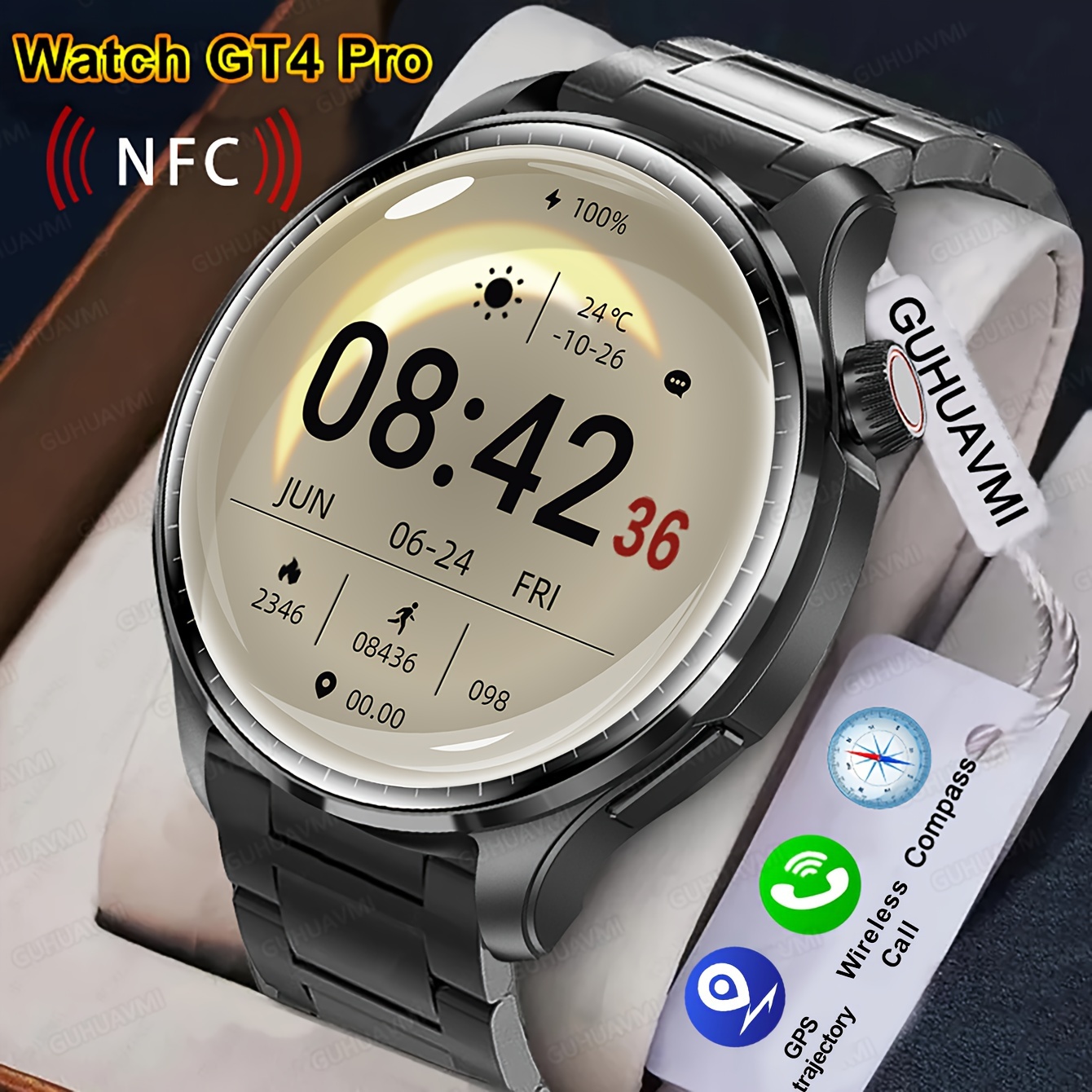 

Guhuavmi 2024 New Men's Sports Smart Watch Gps Track Nfc Voice Assistant Wireless Call Smart Watch 1.53-inch Amoled 360 * 360 Hd Screen Watch Gt4