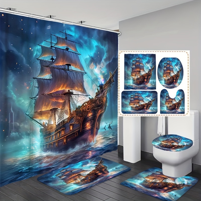 

1/3/4pcs Ship Print Shower Curtain Set, Waterproof Bathroom Curtain With Free Hooks, Non-slip Rug, Toilet Lid Mat And Bath Mat, Bathroom Accessories