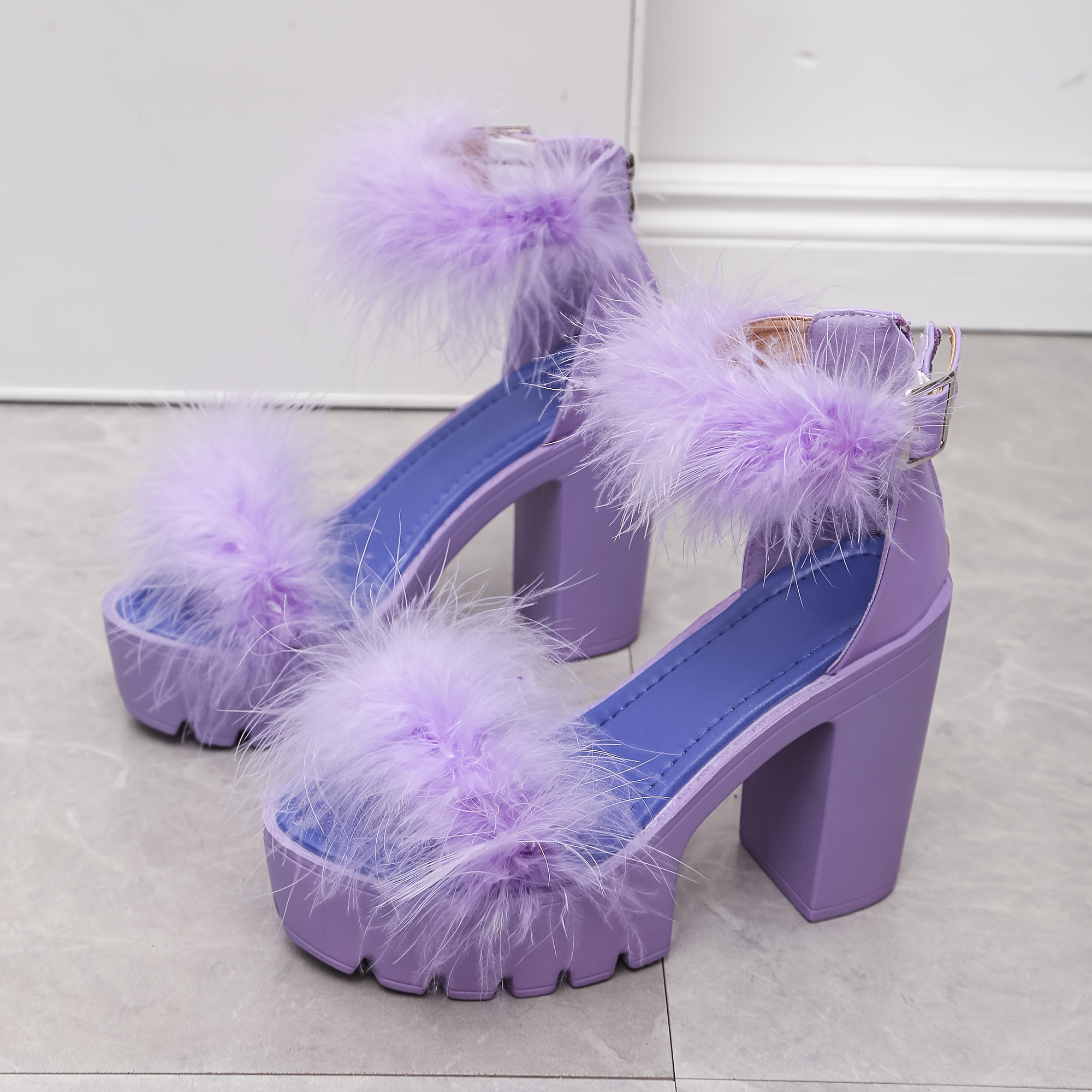 Elegant Women's Purple Block Heel Sandals with Fluffy Feet Cover, Open  Toe, Ankle Strap Dress Shoes