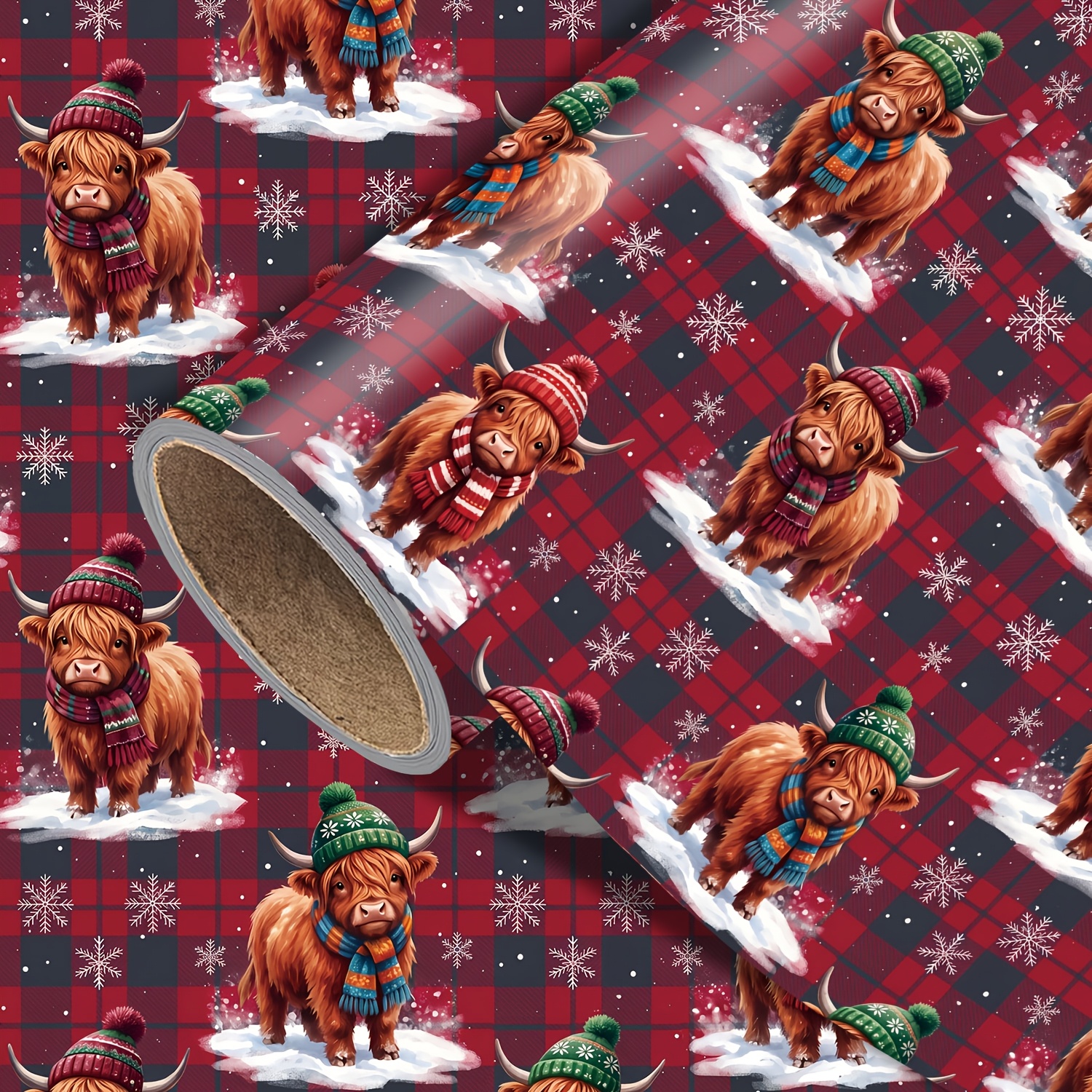 TEMU 1 Roll Of Christmas Wrapping Paper - 17.7 Inches X 118 Inches, Highland Cow Christmas Design With Red Pattern, For Holiday Gifts And Party