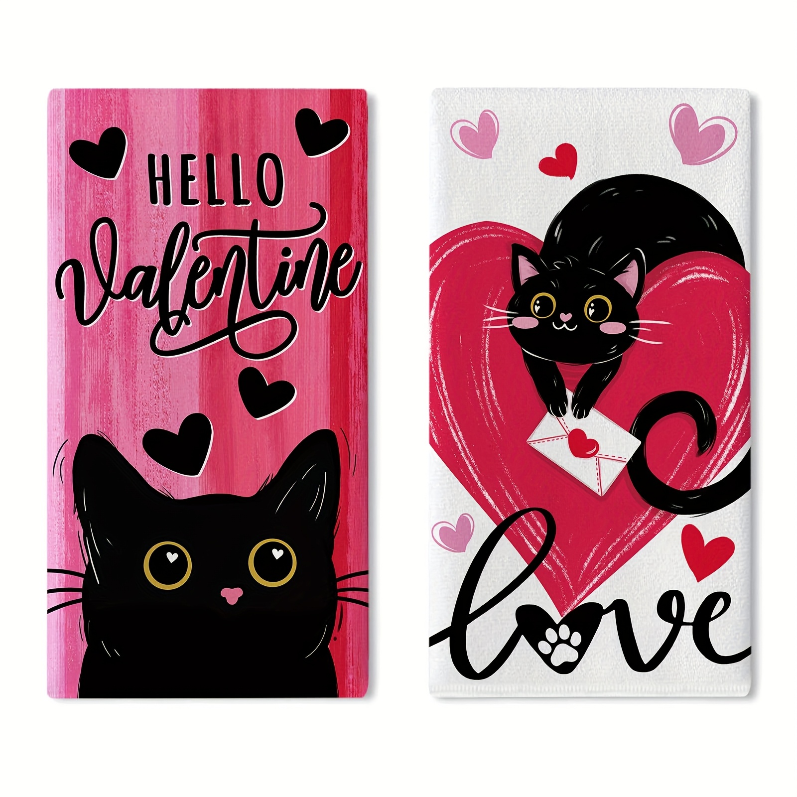 

Hello Valentine's Day Black Cat Kitchen Dish Towel, Pink And Red Heart Drying Hand Towel For Baking And Cooking, Anniversary Home Kitchen Decor Gift For Pet Lovers, 16 X 24 Inches.