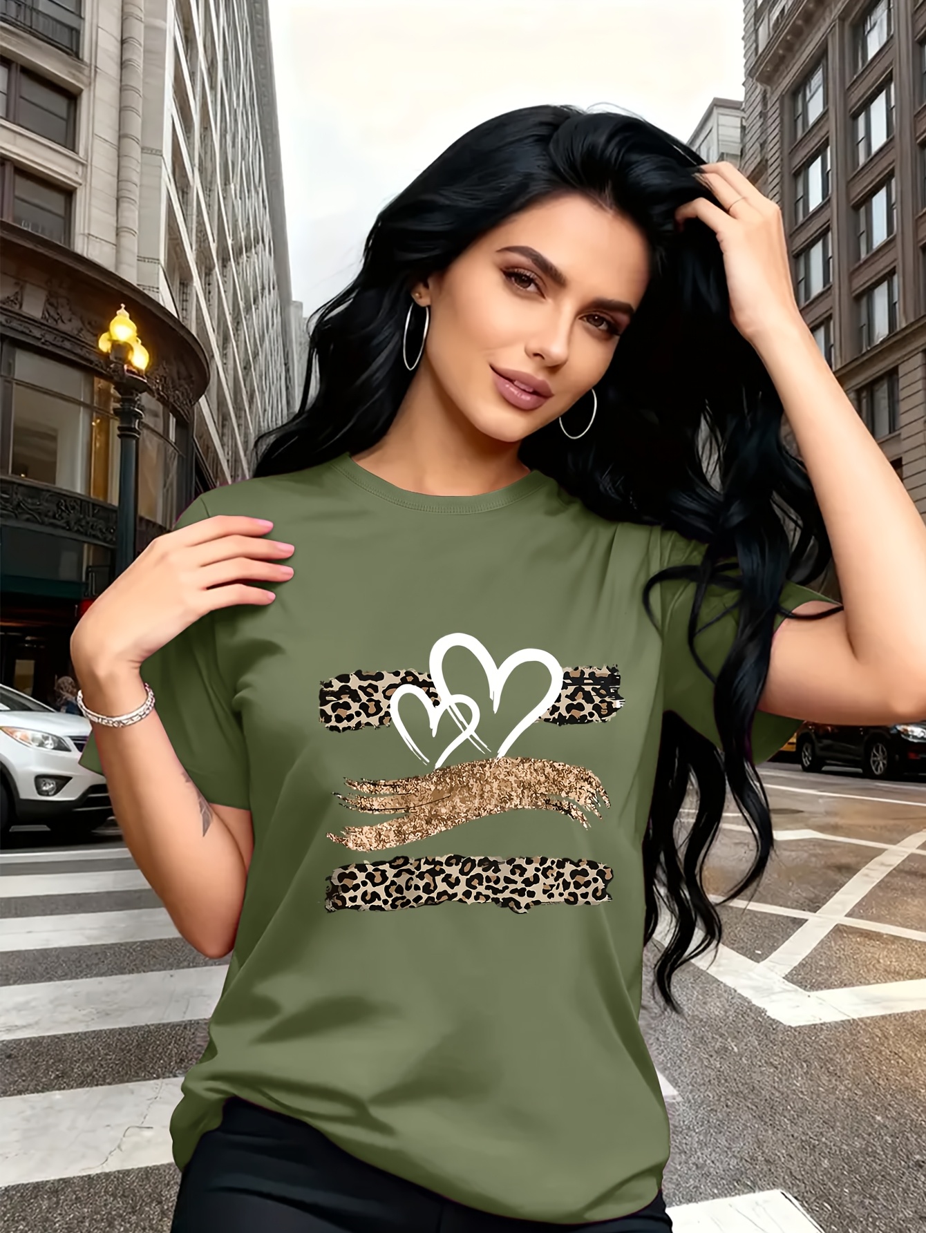Leopard Print Heart Glitter-themed Pattern Print, Fashionable Breathable T-shirt, for Family Travel,, Casual S, Daily Commutes, Matching Outfits for Sisters, Versatile T-shirt 30057