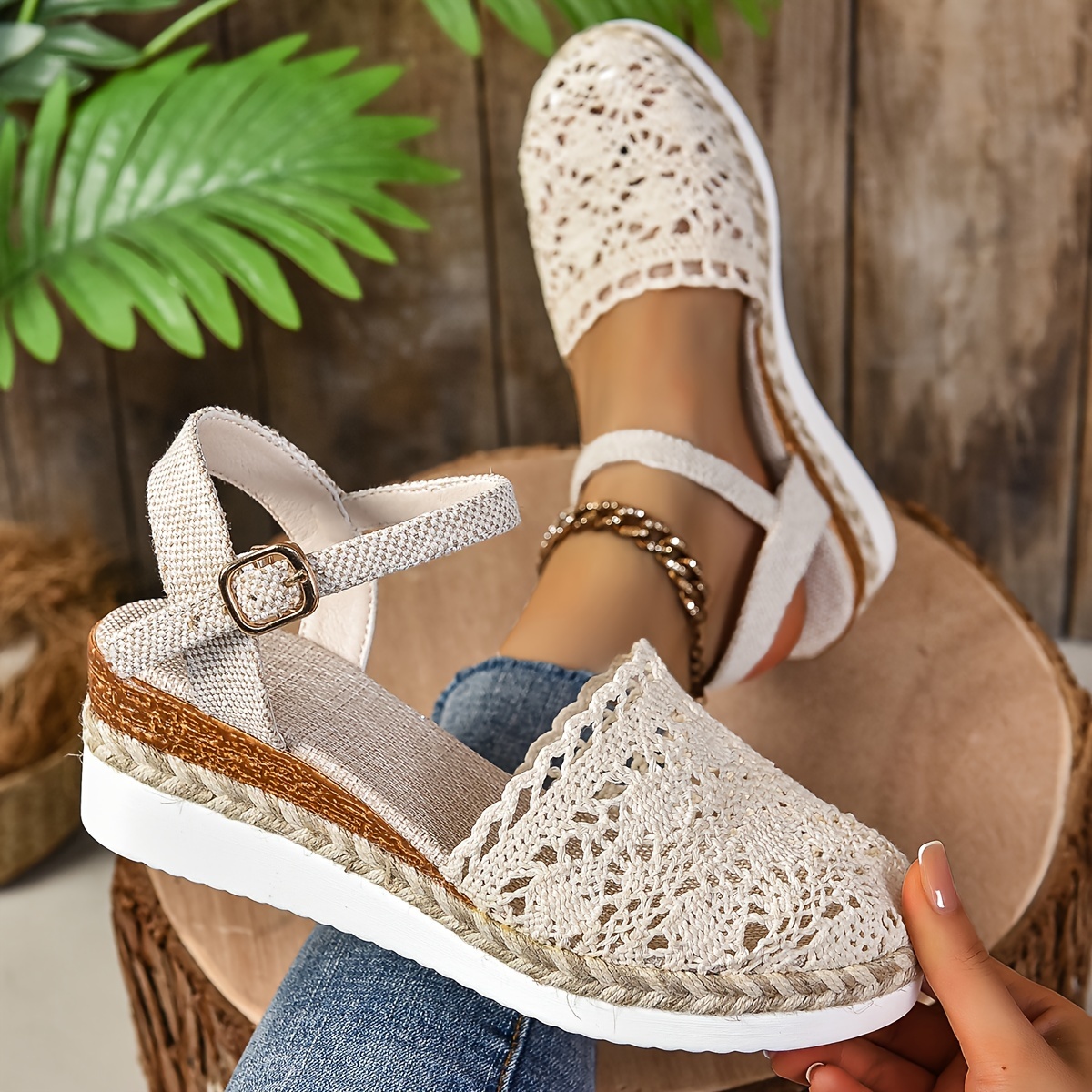 

Women's Wedge Platform Sandals, Summer Espadrille Closed Toe Breathable Hollow Sandals, Casual Fashion Ankle Strap Buckle Shoes
