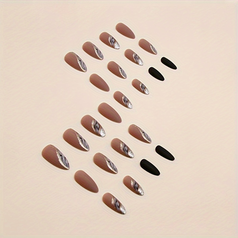 24pcs set brown press on nails almond medium fake nails press on nails french nail tips with golden glitter design black solid color matte false nails glue on nails stick on nails artificial acrylic nail art details 5