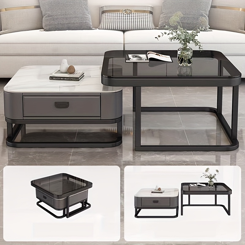 A combination set of a 27.5-inch tempered glass large table and a 23.5-inch slate small table, square coffee table, tea table, suitable for various scenes such as living room, bedroom, courtyard, reception room, etc.