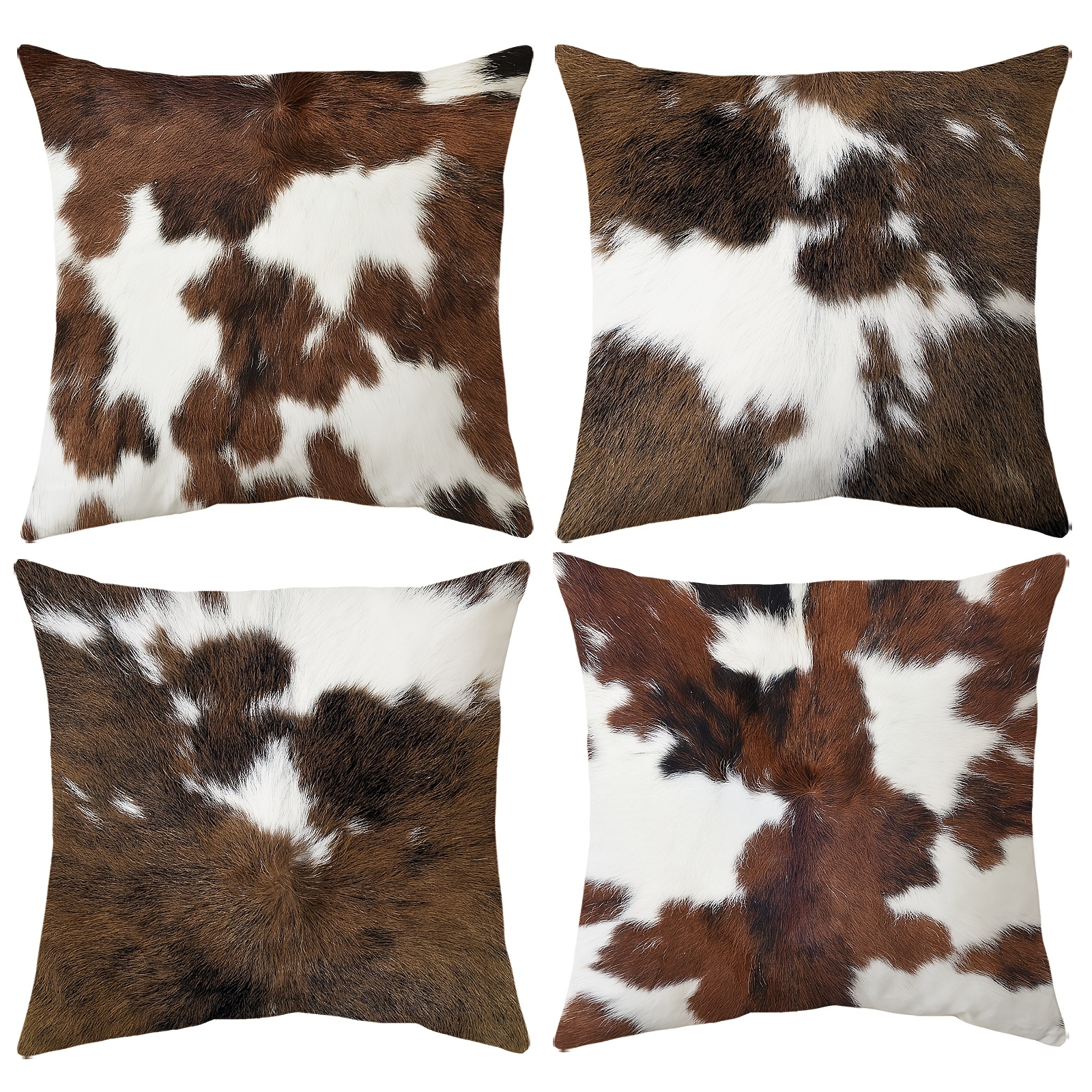 set of 4 vintage short plush double sided printed animal fur throw pillow covers brown   cowhide printed decor cushion covers farmhouse style pillowcases 18x18 inch for porch patio sofa living room bedroom outdoor without pillow inserts Product details 1