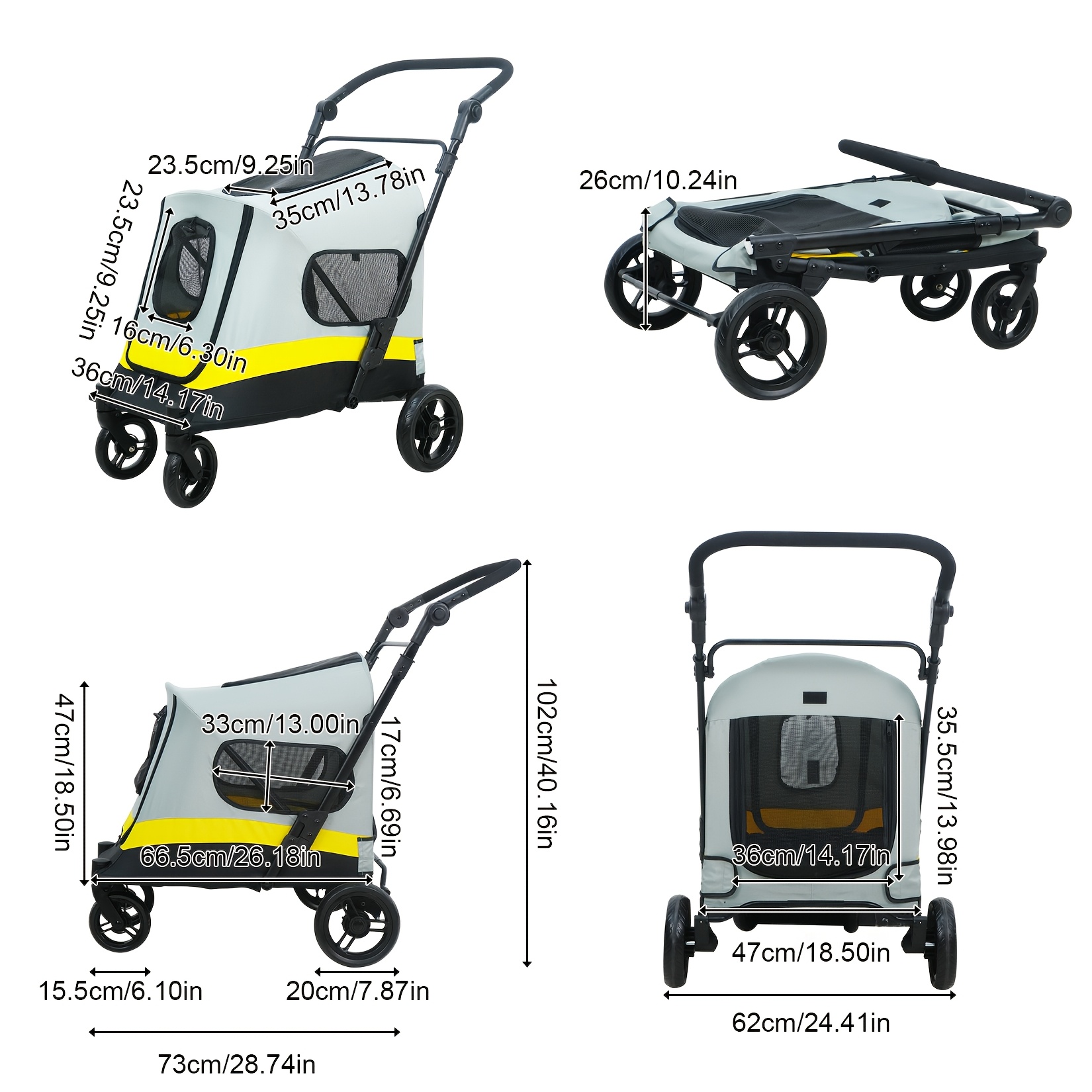 Image of 1pc Portable Foldable Pet Stroller 4 Wheels Travel Carriage Folding Collapsible Panoramic Sunroof Mesh Breathable Windows Outdoor Walking Travel Small Dogs Gray Pet Supplies