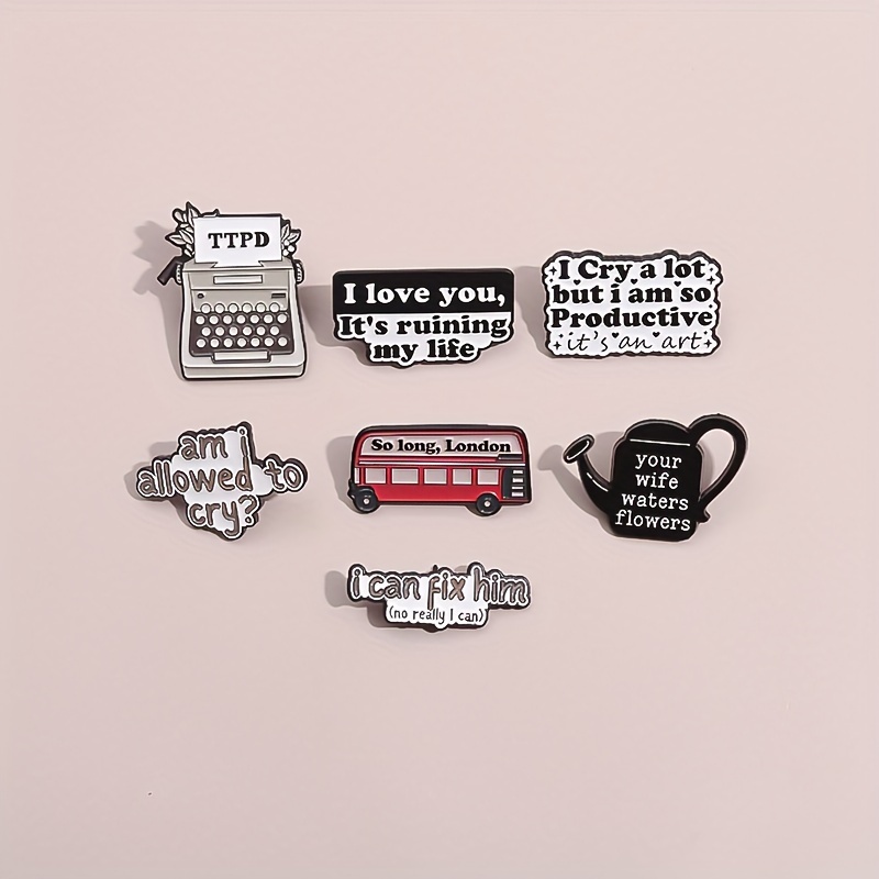 

Creative Vintage-inspired Brooches & Pins Set - 1-7 Piece Assortment, Typewriter, Quotes & London Bus Designs - Simple Zinc Alloy Fashion Accessories For Clothing, No Plating - Daily & Wear