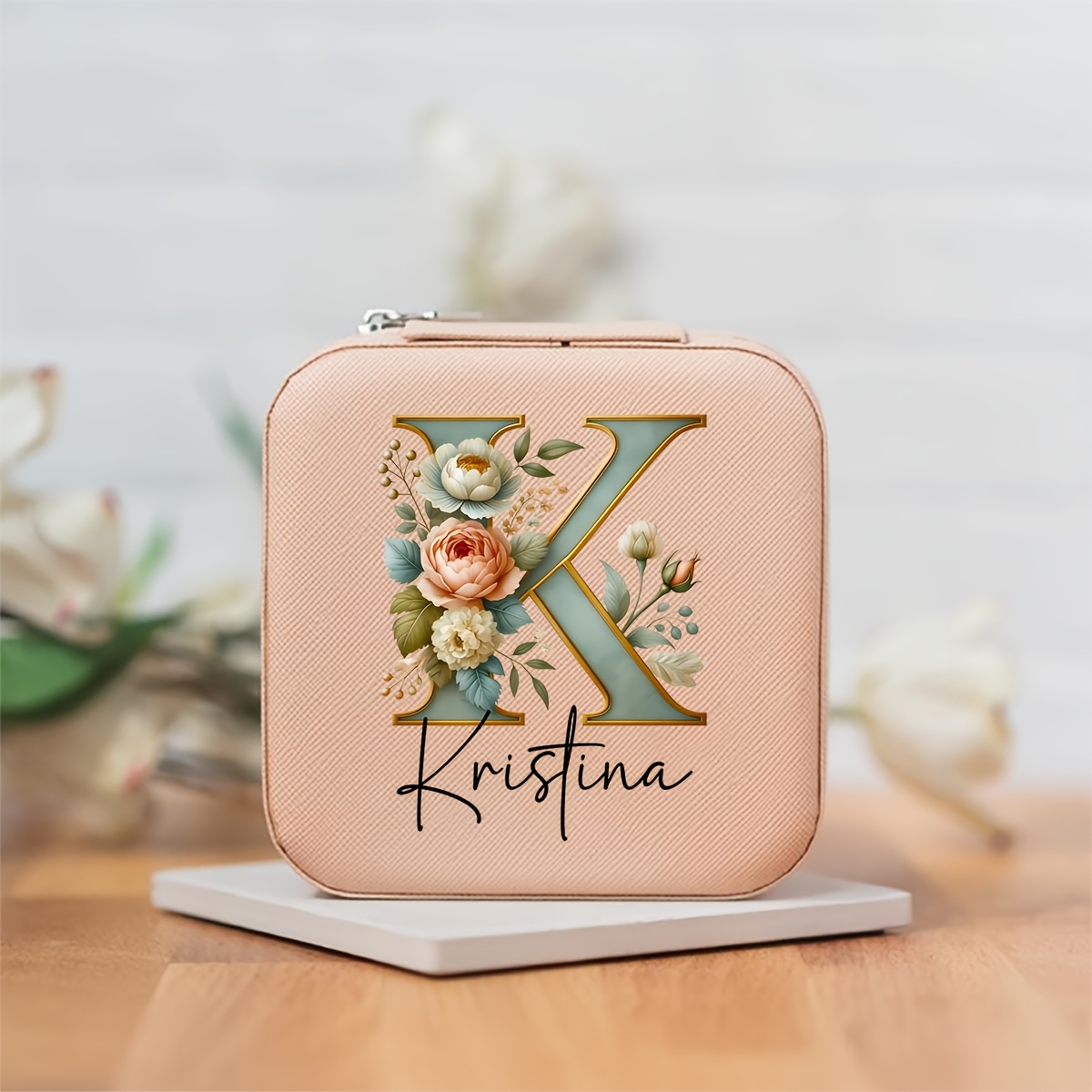 TEMU 1pc Personalized Name Letter Jewelry Box, Trendy Floral Letter Faux Leather Travel Portable Earring Ring Storage Organizer, Wedding Gift Jewelry