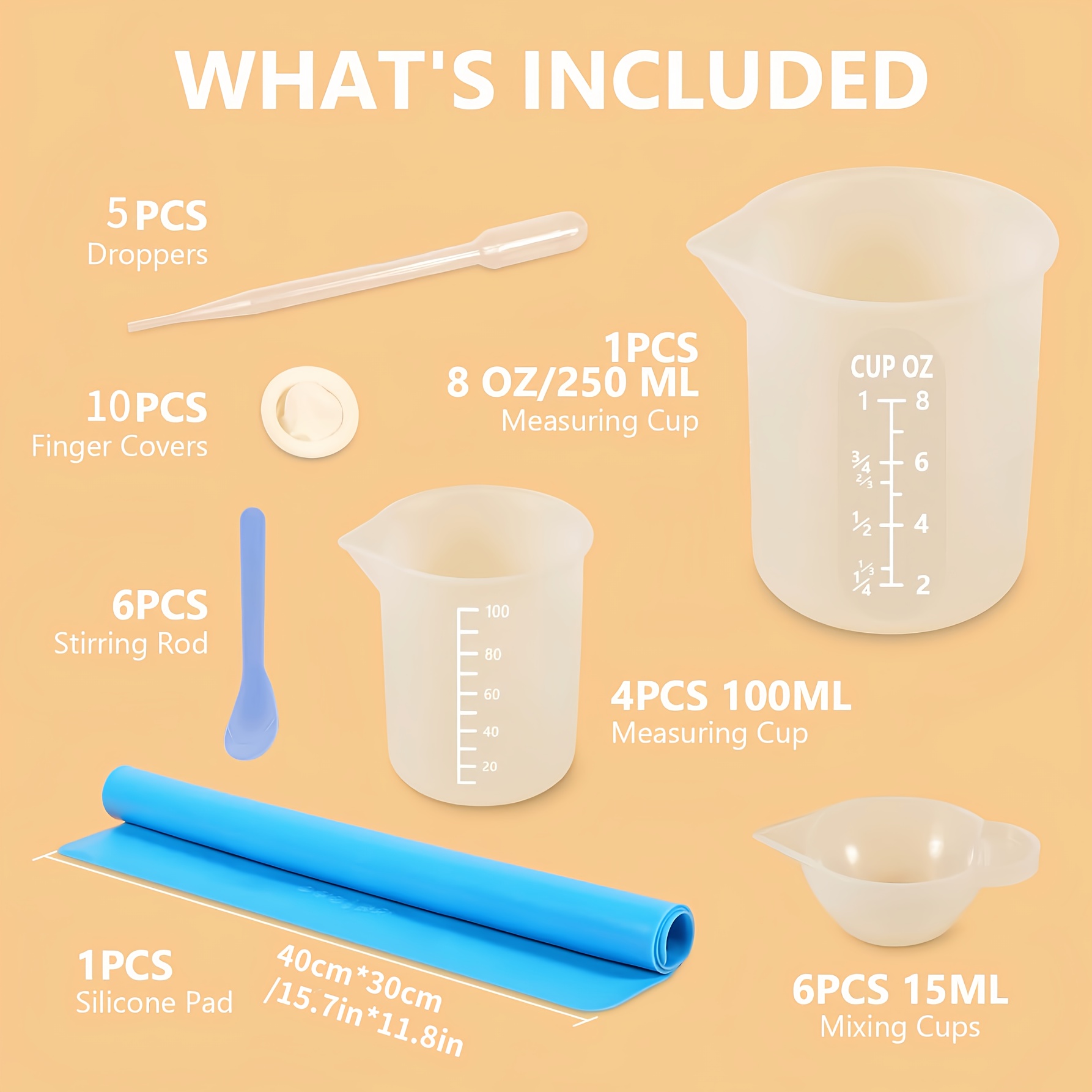 E-shop Silikonharz Gießform Werkzeugset, inklusive 33 Silikonharz Messbecher - 250ml & 100ml Messzylinder, Mischbecher, 3ml Plastikpipetten,